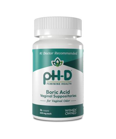 pH-D Feminine Health - 600 mg Boric Acid Suppositories - Woman Owned - for Vaginal Odor Use - 36Count 36 Count (Pack of 1)