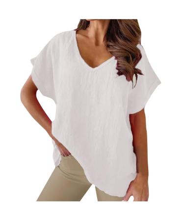 Ganfancp Women Loose Fit T-Shirt Summer Breathable Cotton Linen Tee Tops Casual Solid V Neck Short Sleeve Pullover Blouse Black-94 X-Large