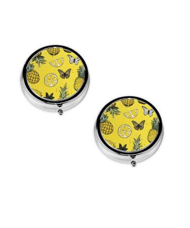 (Fashion Pineapples) Round Pill Box 3 Compartment Pill Box Mini Decorative Pocket Purse Portable Travel Medicine Tablet Vitamin Holder Organizer Pill Case
