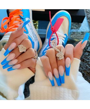 Xerling Blue Coffin Nails Tips Full Cover Press on Nails for Women Long Ballerina Fake Nails for Girls French False Nails Art Manicure Nails 24Pcs (Pattern H)