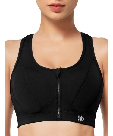 Yvette Zip Front Sports Bra - High Impact Sports Bras for Women Plus Size Workout Fitness Running Black X-Large Plus