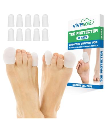 ViveSole Soft Gel Toe Protectors for Men & Women - (10 Pack) Toe Caps for Foot Pain Relief - Flexible Cushion Sleeves for for Blisters Ingrown Toenails Hammer Toes Corns Calluses Blisters White Medium