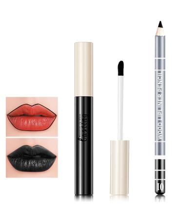 2 Pcs Black Lipstick and Lip Liner Set Matte Liquid Lipstick Black Lip Liner Waterproof Lip Stain Long Lasting Lightweight Lip Gloss Lip Makeup Set for Halloween Gothic Costume Makeup