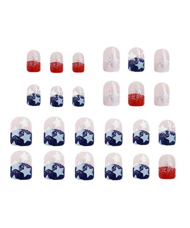 4th July Fake Nails - Flag Design Full Patriotic Cute Stick-on Nails Stars And Stripes Short Square Fake Nails For Nail Salon