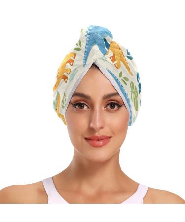 Blue Yellow Dinosaur Hair Towel 2 Pack Super Absorbent Hair Drying Towel Quick Dry Hair Turbans Head Towel with Button Twisty Wrap for Women Girls