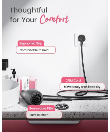 Dekuri Professional Ionic Hair Dryer AC Motor Fast Drying Salon Blow Dryer with Diffuser Nozzle for Curly and Straight Hair Cool Button 2 Speed & 3 Heat Setting - Black - Buy Online on GoSupps.com