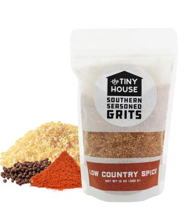 The Tiny House Stone Ground White Corn Seasoned Grits with Low Country Spice - Old Fashioned Flavored Grits - Easy to Prepare Southern Grits Proudly Made in the USA - 12 oz Bag Low Country Spice 12 Ounce