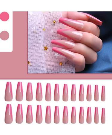 Outyua Hot Pink French Press on Nails - 24Pcs Glossy Extra Long Fake Coffin Nails with Designs - Buy Online on GoSupps.com