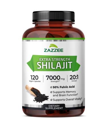 Zazzee 100% Pure Himalayan Shilajit 20:1 Extract 7000 mg Strength per Capsule 50% Fulvic Acid 120 Servings per Bottle 20X Potency Rich in Trace Minerals Non-GMO Vegan Made in The USA