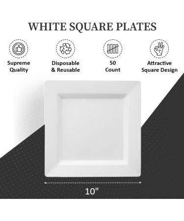 Oasis Creations White Square Plates Set 10 - 50 Count - Premium Hard White Disposable Plastic Plates - 10-Inch - Reusable & Disposable - Perfect for Salads, Appetizers, Dinners, Parties - Buy Online on GoSupps.com