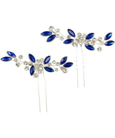 Crystal Bridal Hair Pins Sparkle White Blue Rhinestone Wedding Hair Piece Accessories for Women Girls (Pack of 2) (Blue)