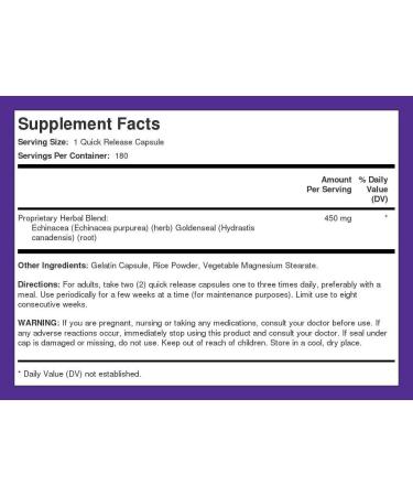 Piping Rock Echinacea Goldenseal Capsules 1400mg - 180 ct | Herbal Supplement Concentrated Extract | Vegetarian, Non-GMO, Gluten-Free - Buy Online on GoSupps.com