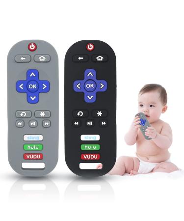 2 Pack Teething Toys for Babies 3-6-12 Months Tameler TV Remote Control Shape Silicone Baby Hand Teethers Toys Infant Chewing Toys for Sucking Needs (Black/Grey)