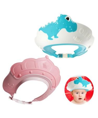 2 Pcs Baby Shower Cap Set Adjustable Hair Washing for Toddler Kids Boys Girls Baby Visor for Eyes Ears and Face(Crown Pink Dinosaur Blue)