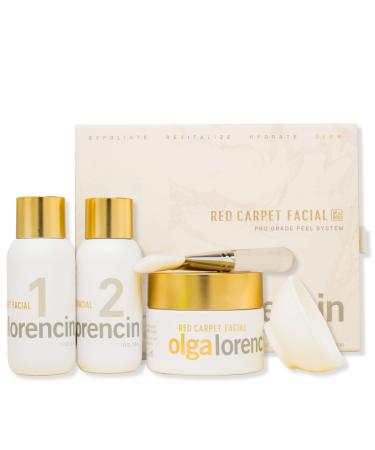 Olga Lorencin Red Carpet Facial in a Box 3 Step Face Peel Neutralizer Polishing Mask Skin Care w/ Lactic Acid Probiotics Antioxidants Mineral Complex for Gentle Exfoliating Deep Hydration