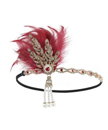 STIOEDYUAN Vintage 1920s Flapper Headband Great Gatsby Feather Headpiece Roaring 20s Leaf Tiara Hair Accessories For Women (Red)