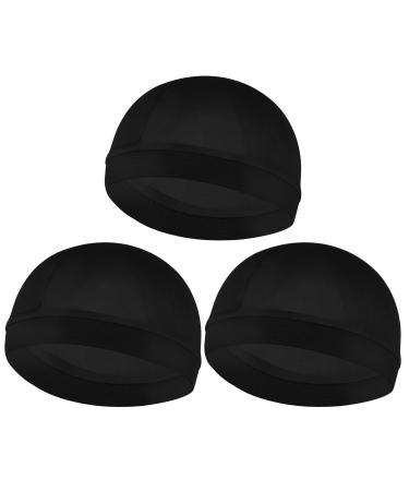 Sibba 3 Pack Elastic Band Wave Caps for Men Headwraps Wide Strap Silky Feel Durag Caps Unisex Skull Caps Men Skullies Beanies Breathable Shower Cap Bathing Accessories Black