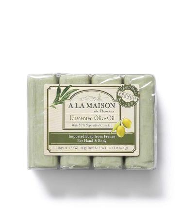 A La Maison Unscented Olive Oil Bar Soap - Triple French Milled Natural Moisturizing Hand Soap Bar (4 Bars of Soap  3.5 oz) 14.1 Ounce (Pack of 1)