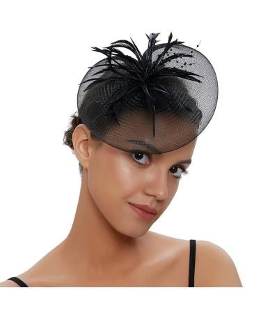 Amosfun Fascinator Hat Elegant Feather Net Mesh Derby Tea Party Hats Headwear Elegant Wedding Headbands for Women Girls Black
