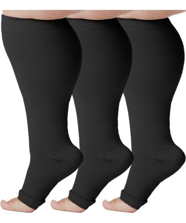 (3 Pack) 3XL Absolute Support Plus Size Compression Socks Wide Calf for Women and Men Opaque 20-30mmHg Open Toe - Compression Knee High for Circulation Varicose Veins Swelling Edema - Black, 3X-Large 3X-Large Black