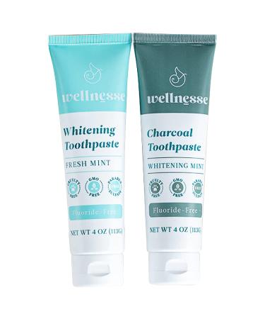 Wellnesse Whitening Toothpaste & Charcoal Toothpaste Bundle - Fresh Mint  4oz - Fluoride Free Toothpaste for Teeth Whitening Kit - Made with Activated Charcoal and Natural Teeth Whitening Ingredients