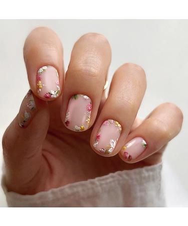 24Pcs Short Press on Nails Square Fake Nails Nude Pink False Nails Spring and Summer Flowers Design Extra Short Artificial Nails Glossy Acrylic Stick on Nails for Women Girl st-4