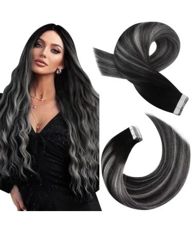 Moresoo Balayage Tape in Extensions Human Hair Real Hair Extensions Tape in Natural Black And Silver Ombre Real Human Hair Extxensions Tape in 20inch 20 Pieces/50G #1B/Silver/1B