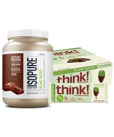 Plant Protein Bundle- Isopure Plant Protein Powder Chocolate- 20G Vegan Protein- (20 Servings) with think! Plant Protein Bars Chocolate Mint- 13G Vegan Protein- (10 bars)