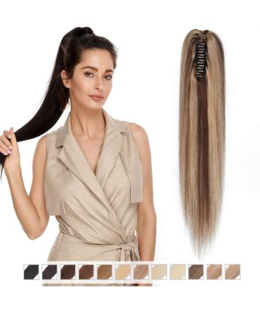 Elailite hair extension braid extensions real hair 50cm 120g ponytail ponytail hair parts with bracket remy smooth human hair 20 inch #4/27 medium & dark blonde