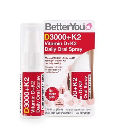 BetterYou Vitamin K2 and Vitamin D Spray Liquid Immune Support Supplement 1000 IU Strength per Single Spray 0.4 Fl Ounce (90 Sprays) Peppermint