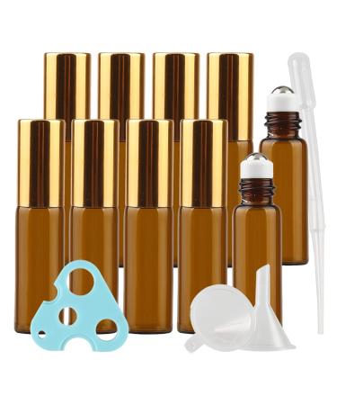 Tianzd 20 pieces empty 5 ml of brownlas roller bottles with gold screw cap amber roll-on glass bottles with glass roller for essential oils Essential Oil with funnel opener pipettes 5ml