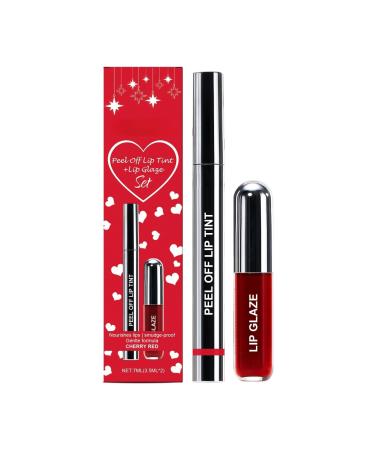 G n rique Peel-Off Lip Tint with Gloss - Nourishing Anti-Stain Plumping Effect - Long-Lasting Lightweight Easy to Apply - Cherry Red - 2-in-1 Set (7ml)