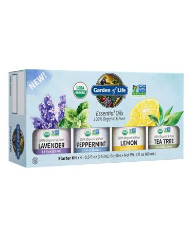 Garden of Life Essential Oils Starter Pack Lavender, Peppermint, Lemon, Tea Tree, 100% USDA Organic & Pure, Non-GMO, for Diffuser, Aromatherapy, 2 Fl Oz