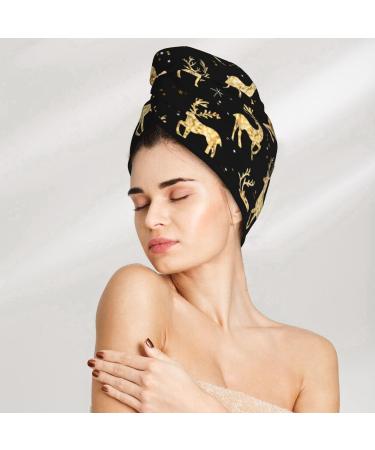 Buy Christmas Gold Deers Microfiber Hair Towel Wrap | Soft Absorbent Coral Velvet for Long Curly Hair Quick Dry Cap for Women - Buy Online on GoSupps.com