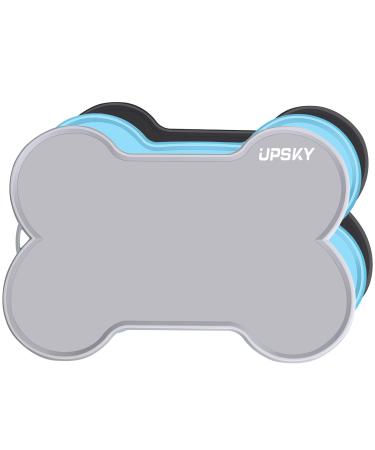UPSKY Dog Food Mat Dog Cat Bowl Mat for Food and Water, Large 22" x 16" Dog Feeding Mat for Floors, Waterproof Silicone Pet Placemat Tray Bone Shaped with Raised Edge B-grey
