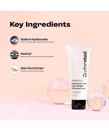 Underated Lightweight Gel Sunscreen SPF 50 PA++++ | Hydrating Formula with Hyaluronic Acid Aquaxyl & Aloe Vera | Non-Greasy Broad Spectrum | For All Skin Types | 50g - Buy Online on GoSupps.com