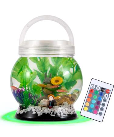 LA KEN DU,Small Betta Tetra Fish Tank Decorations Set-Aquarium with 20 Color LED Lighting,Fish Night Light Aquarium for Kids,0.5-Gallon,Transparent White