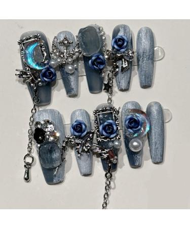 Handmade Nail Wearing Heavy Industry Nail Flashing Rose Spicy Girl Nail Removable False Nails(XS)