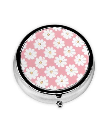 White Chrysanthemum Texture Chartround Pill Box 3 Compartment Round Pill Box Organizer Portable Travel Pill Box for Traveling.