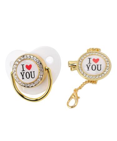 Baby Pacifier 6-18 Months with Chain Clip - Bling I Love You Pattern for Infants - White M | International Shipping Available - Buy Online on GoSupps.com