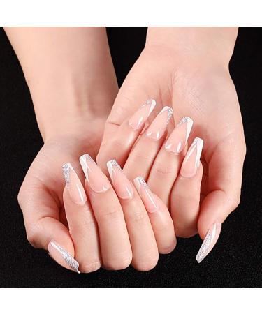 Sethexy French Ballerina False Nails - Pink Bling Acrylic Nail Tips | 24 pcs for Women & Girls - Buy Online on GoSupps.com