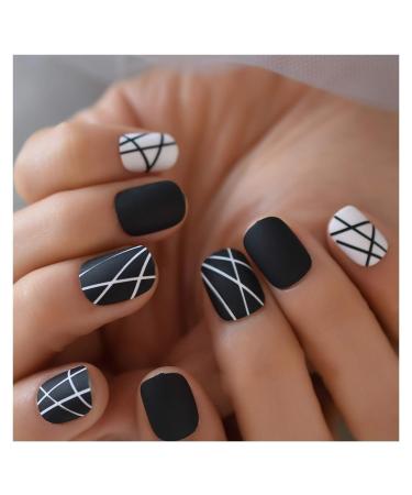 Zhi Zhi Short Round Fake Nails Black And White Lines | Professional Nail Art for Students & Office Ladies - L5656 - Buy Online on GoSupps.com