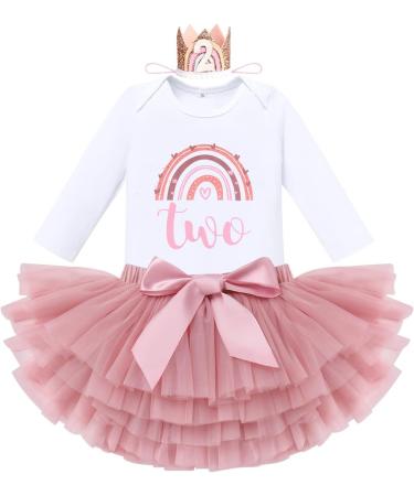 FYMNSI Boho Rainbow 1st Birthday Outfit Baby Girl Cake Smash Photo Romper Tutu 3pcs Set 2 Years Dusty Pink Crown - Buy Online on GoSupps.com