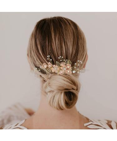 Wedding Hair Accessories Fanvoes Hair Pieces Comb for Bride Bridal - Gold Headpiece Barrette w/Handmade Pink Flower Ivory Pearl Rhinestone - Buy Online on GoSupps.com