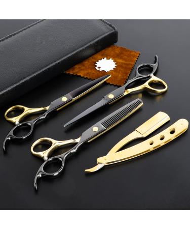 Professional Black Gold Hairdressing Scissors Stainless Steel Barber Hair Cutting Scissors Sets Salon Multifunctional Straight Shears Teeth Scissors Thinning Shears Tools for Mother Father's Gift