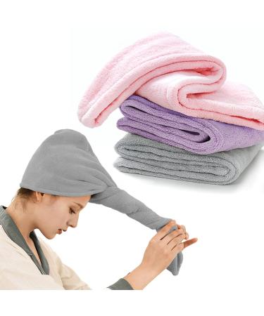 3pcs Hair Towel Wrap Head Drying Towel with Button  Dry Hair Hat for Women Long Hair (Pink Purple Gray)