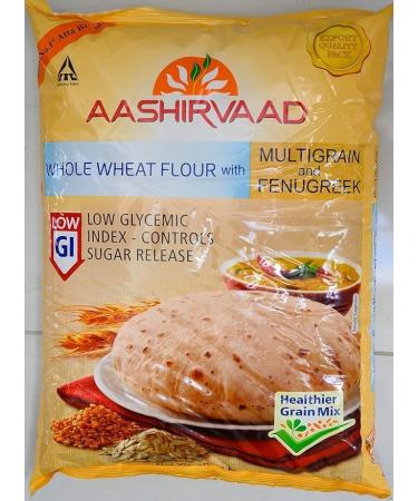 Seelans | AASHIRVAAD Whole Wheat Flour with Multigrain & Fenugreek| Low Glycemic| Low sugar| 5kg| Healthy with Rich Flavour from Fenugreek| For fresh roti paratha bread or pastries | Indian Origin - Buy Online on GoSupps.com