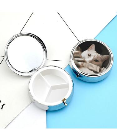 Round Travel Pill Box - 3 Compartment White Cat & Dollar Design - Portable Medicine Organizer for Purse & Pocket - Buy Online on GoSupps.com