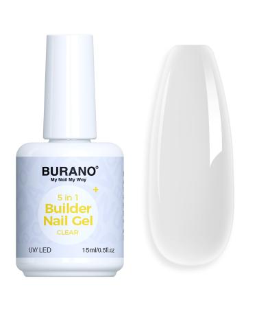 BURANO 5 in 1 Builder Base Gel 0.5 oz, Builder Gel for Nails Hard Gel Nail Extension Quick Building Gel, Builder Gel in a Bottle for Nail Pro & Beginner (5 in 1 Clear)