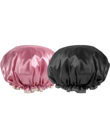 YAWALL Shower Cap 2Pcs  Shower Caps for Women Reusable Waterproof  Silk Double Layer Hair Cap  Pink & Black 10in